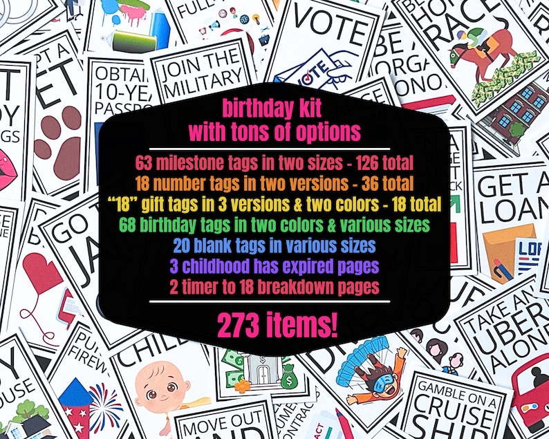 Puede incluir: Una colecci&oacute;n de varias etiquetas con diferentes dise&ntilde;os y texto, incluyendo "birthday kit with tons of options". Las etiquetas presentan frases como "Vote", "Get a Loan" y "Gamble on a Cruise Ship". La imagen tambi&eacute;n incluye una lista de art&iacute;culos.