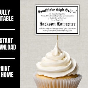 May include: A cupcake topped with white frosting, with a certificate that reads "Southlake High School" and "Jackson Lawrence." The certificate is held by a toothpick. Text on the left says "FULLY EDITABLE," "INSTANT DOWNLOAD," and "PRINT AT HOME."
