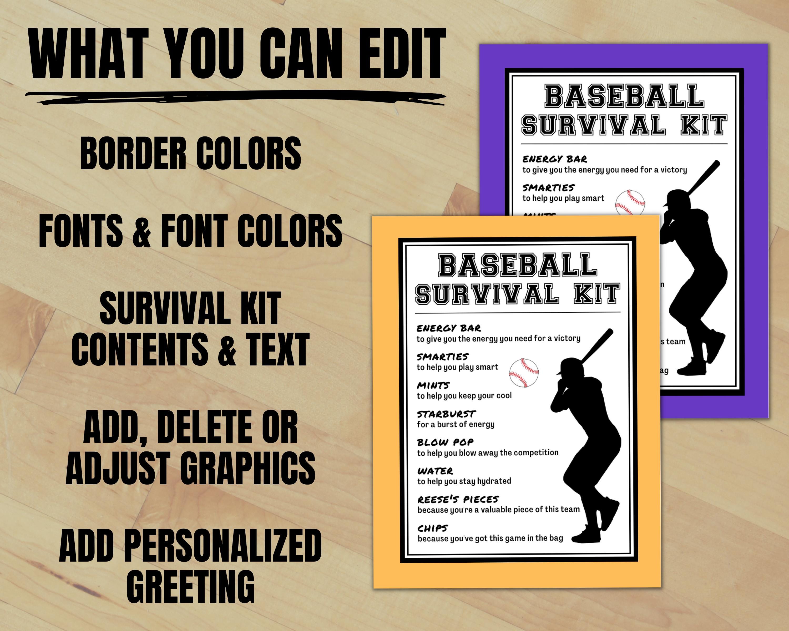 Baseball Survival Kit Gift Tags, Tournament Good Luck Goodie Bag Tag ...