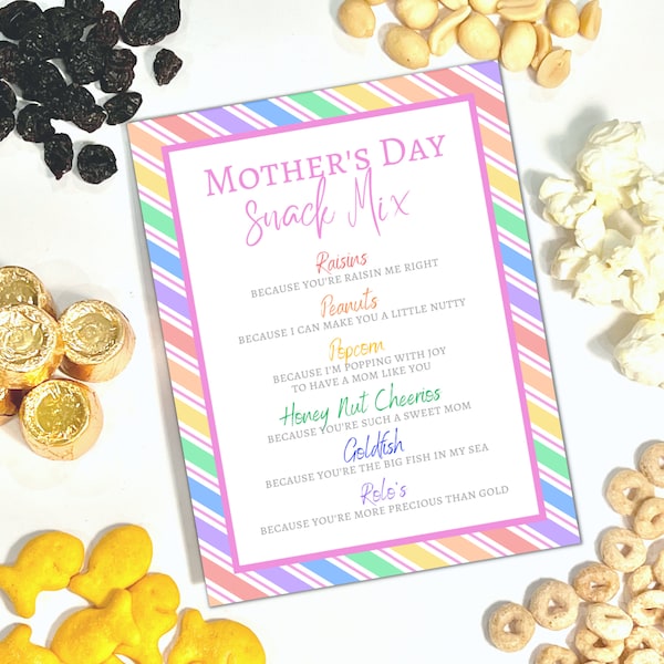 Mother's Day Snack Mix Printable Gift Tags, Moms Day Printable Treat Cards, DIY Mothers Day Gift, Kids Craft Idea Bonus Mom Step Mom Gift