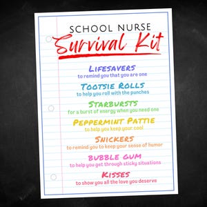 School Nurse Survival Kit Gift Tags, Registered Nurse Appreciation Thank You Cards, Licensed Practical Nurse Goodie Bag Treat and Gift Idea