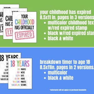 Puede incluir: Conjunto de impresiones art&iacute;sticas imprimibles con las frases "YOUR CHILDHOOD HAS OFFICIALLY EXPIRED" y "18 YEARS". Las impresiones est&aacute;n disponibles en varios esquemas de color, incluyendo blanco y negro y multicolor. El texto se muestra en p&aacute;ginas de 21,59 x 27,94 cm.