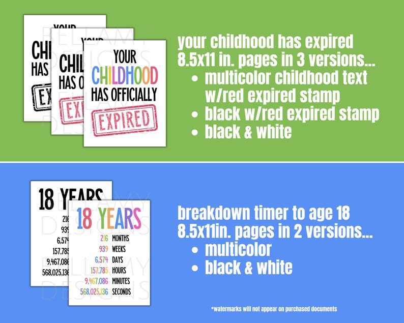Puede incluir: Conjunto de impresiones art&iacute;sticas imprimibles con las frases "YOUR CHILDHOOD HAS OFFICIALLY EXPIRED" y "18 YEARS". Las impresiones est&aacute;n disponibles en varios esquemas de color, incluyendo blanco y negro y multicolor. El texto se muestra en p&aacute;ginas de 21,59 x 27,94 cm.