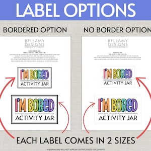 Op de afbeelding: Een digitaal sjabloonblad getiteld LABEL OPTIONS met twee secties: BORDERED OPTION en NO BORDER OPTION. Elke sectie toont twee formaten rechthoekige labels met de tekst I'M BORED ACTIVITY JAR in kleurrijke letters.