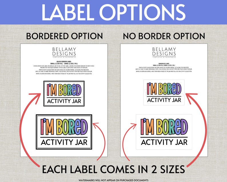 Op de afbeelding: Een digitaal sjabloonblad getiteld LABEL OPTIONS met twee secties: BORDERED OPTION en NO BORDER OPTION. Elke sectie toont twee formaten rechthoekige labels met de tekst I'M BORED ACTIVITY JAR in kleurrijke letters.