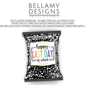 May include: A black and white composition notebook-themed bag with the text "happy LAST DAY of school" in colorful letters. The bag is a digital download, perfect for a school-themed event.