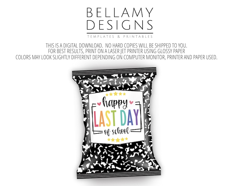 May include: A black and white composition notebook-themed bag with the text "happy LAST DAY of school" in colorful letters. The bag is a digital download, perfect for a school-themed event.