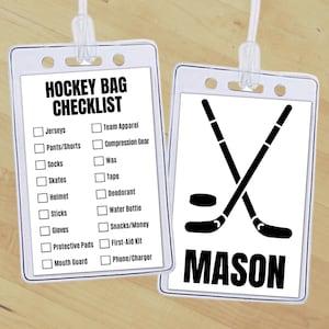 Insertion d'étiquette de sac de hockey modifiable, étiquette personnalisée pour liste de contrôle de l'équipement de hockey, étiquette de sac à dos de sport pour écoles et clubs, liste de colisage de hockey