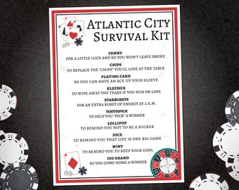 Etichetta regalo del kit di sopravvivenza di Atlantic City, bomboniera del casinò, stampabile serata fuori per ragazze al casinò, idea regalo di scommessa di poker per feste del casinò di Atlantic City