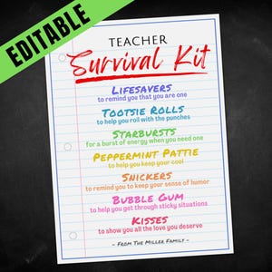 EDITABLE Teacher Survival Kit Tag, Teacher Appreciation, Staff Appreciation, 1st Day Welcome Back PTO PTA Gift Idea, Goodie Bag Party Favors