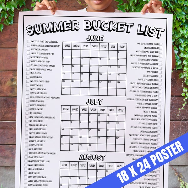 PRINTABLE Summer Bucket List Poster, 2024 Calendar for Summer To Do List, Kids Countdown Poster, Summertime Family Calendar Coloring Pages