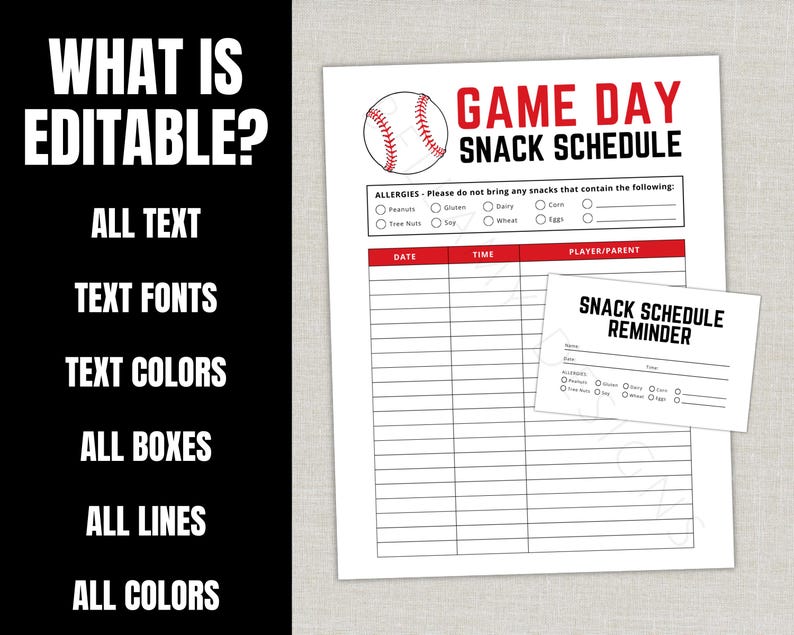 EDITABLE Baseball Snack Schedule Sign up Sheet, Baseball Team Tball ...