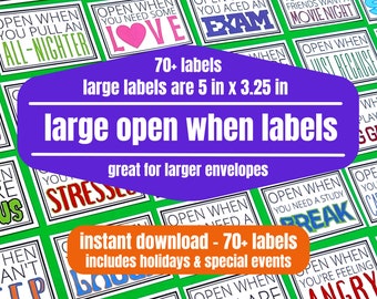 Large Open When Labels, Printable Envelope Labels & Cards, College Care Package Kit, Move-in or Leave Behind Gift, College Daughter Son Gift