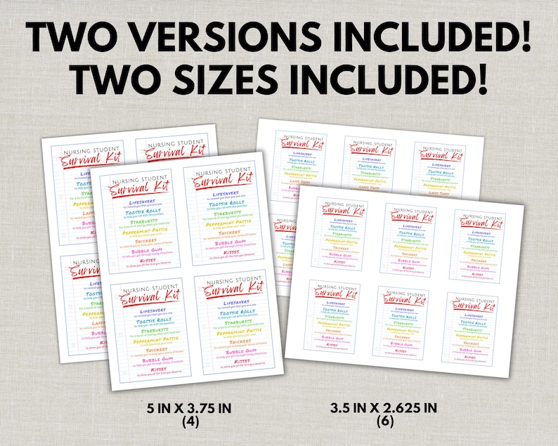 May include: Printed sheets of "Nursing Student Survival Kit" labels in two sizes: 5 x 3.75 inches (4 labels) and 3.5 x 2.625 inches (6 labels). Each label features a colorful design with a list of items. The text "TWO VERSIONS INCLUDED! TWO SIZES INCLUDED!" is at the top.