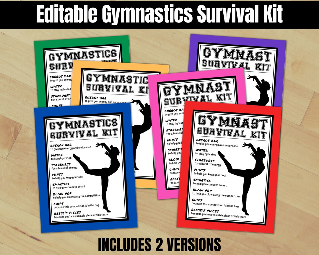 Editable Gymnastics Survival Kit Tag, Gymnastics Treat Tags, Gymnastics