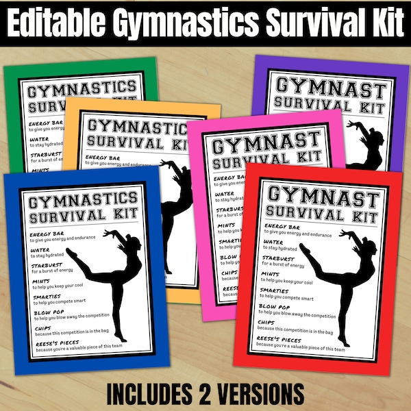 Étiquette modifiable de kit de survie de gymnastique, étiquettes de régal de gymnastique, sacs de cadeaux de cadeau de gymnastique, thème de sport de fille d'entraîneurs d'équipes d'enfants de gymnaste