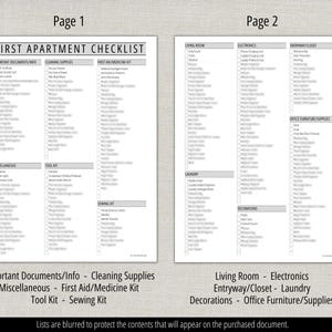 May include: Two-page checklist titled "FIRST APARTMENT CHECKLIST" with lists for important documents, cleaning supplies, first aid, miscellaneous items, tool kit, and sewing kit. Page 2 includes lists for living room, electronics, entryway, laundry, decorations, and office supplies.