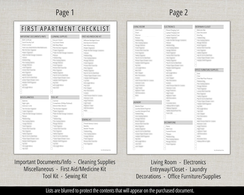 May include: Two-page checklist titled "FIRST APARTMENT CHECKLIST" with lists for important documents, cleaning supplies, first aid, miscellaneous items, tool kit, and sewing kit. Page 2 includes lists for living room, electronics, entryway, laundry, decorations, and office supplies.