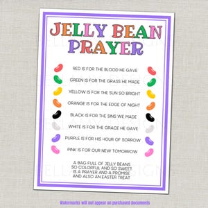 May include: A colorful print titled "Jelly Bean Prayer" with a purple border. The text lists the meaning of jelly bean colors, such as red for blood and green for grass. The bottom text reads "A bag full of jelly beans...and also an Easter treat."