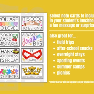 May include: Eight colorful note cards with positive messages for kids. The cards feature phrases like "You are so loved", "It's cool to be kind", "It's ok to make mistakes", "Always dream big", "Thank goodness it's Friday", "Be brave", "I love you to pieces", and "You're a great leader".