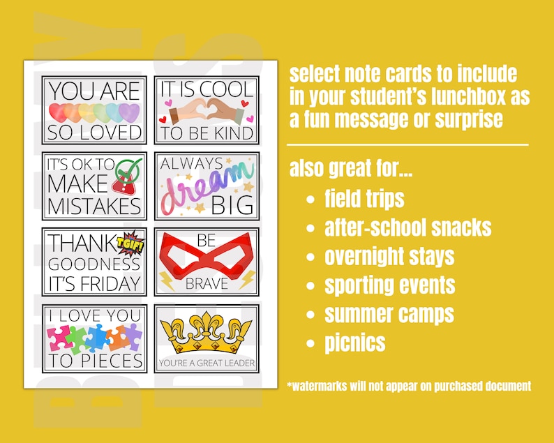 May include: Eight colorful note cards with positive messages for kids. The cards feature phrases like "You are so loved", "It's cool to be kind", "It's ok to make mistakes", "Always dream big", "Thank goodness it's Friday", "Be brave", "I love you to pieces", and "You're a great leader".