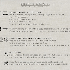 May include: A beige graphic with black text providing instructions for downloading digital files from Etsy. The text includes steps for desktop and mobile users, along with information about email confirmations and where to find help.