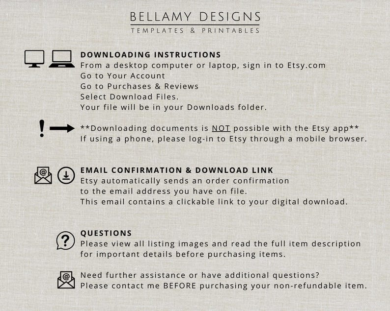 May include: A beige graphic with black text providing instructions for downloading digital files from Etsy. The text includes steps for desktop and mobile users, along with information about email confirmations and where to find help.