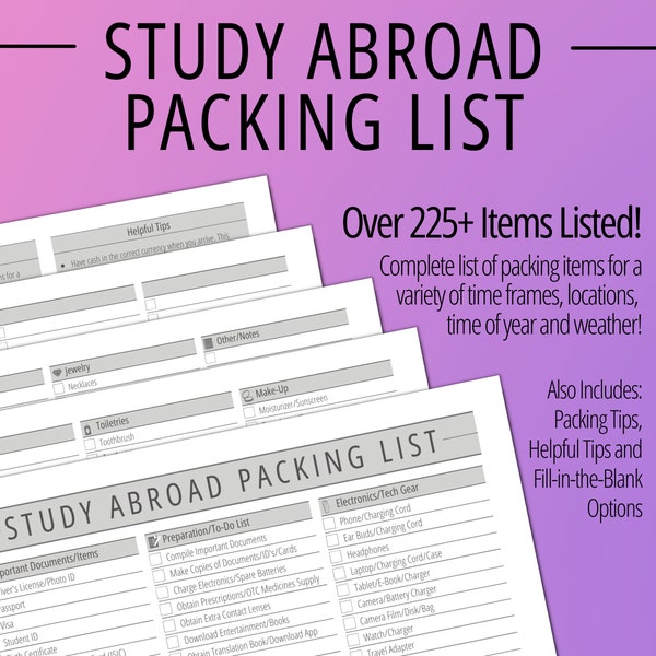 Study Abroad Packing List, Packing List Planner, Packing Checklist, Organization Printable, College Packing List Instant Download Printable
