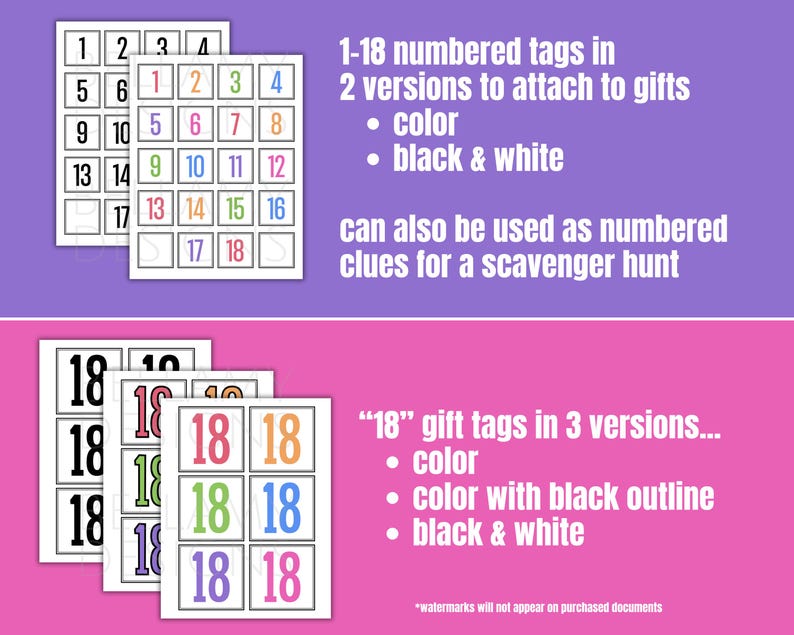 Puede incluir: Etiquetas de regalo numeradas del 1 al 18 en color y blanco y negro, tambi&eacute;n utilizables como pistas para una b&uacute;squeda del tesoro. La imagen muestra varias etiquetas con n&uacute;meros en varios colores y un conjunto de etiquetas con el n&uacute;mero 18.