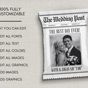 May include: A white wedding favour bag with a newspaper-style design. The headline reads "The Wedding Post" with a black and white photo of a couple. Text includes "The Best Day Ever!" and the names "Katie & Logan Say 'I Do'".