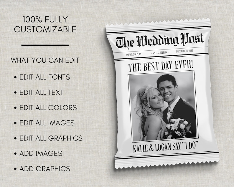 May include: A white wedding favour bag with a newspaper-style design. The headline reads "The Wedding Post" with a black and white photo of a couple. Text includes "The Best Day Ever!" and the names "Katie & Logan Say 'I Do'".