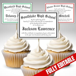 Adornos para cupcakes con diploma de graduación editables, minidecoración con diploma de escuela secundaria y universidad, recuerdo personalizado para fiesta de graduación de la clase de último año de 2025