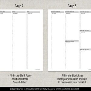 May include: Two white pages from a planner, featuring fill-in-the-blank sections for lists. Page 7 includes sections for additional items, notes, and other. Page 8 has areas to insert titles and text. The pages are designed for personalization.