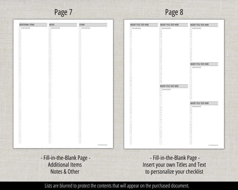 May include: Two white pages from a planner, featuring fill-in-the-blank sections for lists. Page 7 includes sections for additional items, notes, and other. Page 8 has areas to insert titles and text. The pages are designed for personalization.