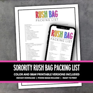 Sorority Rush Bag Packing List, Rush Bag Checklist, Sorority Recruitment Printable Planner, Rush Week Packing Planner Organizer & Tracker