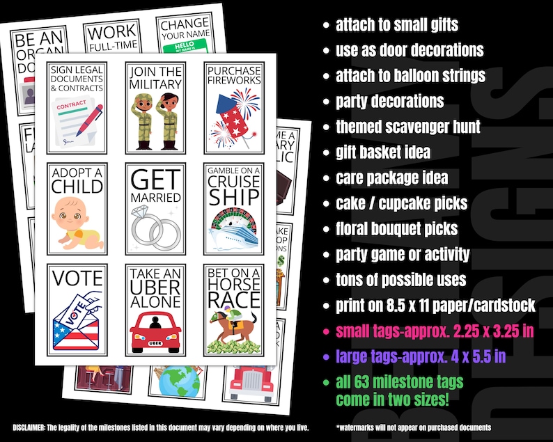 Puede incluir: Una hoja de etiquetas de hitos con varias ilustraciones y texto, incluyendo "Adoptar un ni&ntilde;o", "Casarse" y "Votar". Las etiquetas est&aacute;n dise&ntilde;adas para peque&ntilde;os regalos, decoraciones de fiestas y b&uacute;squedas del tesoro tem&aacute;ticas. Las etiquetas vienen en dos tama&ntilde;os.