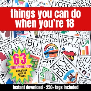18th Birthday Gift Tag Printables, Things that you can do now that you&#39;re 18, Daughter Son Birthday Care Package Kit Gift Tag Topper
