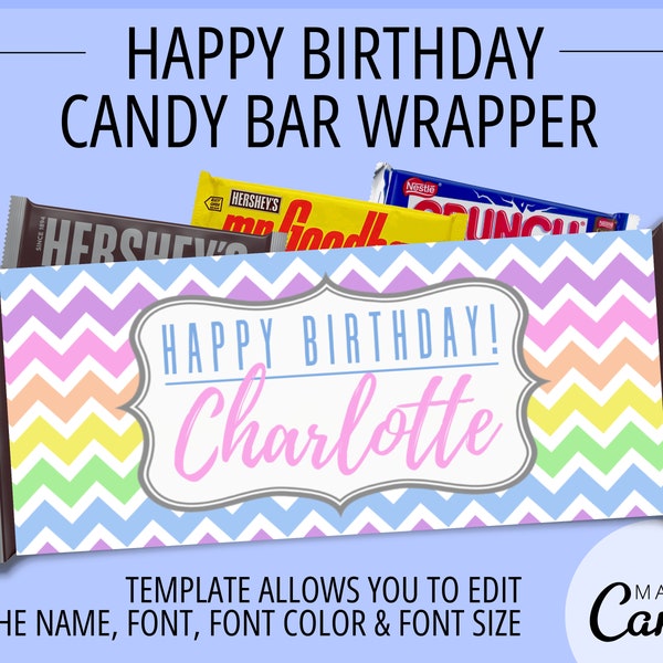 Happy Birthday Candy Bar Wrapper - Chocolate Bar Wrapper Template - Party Favor - Printable - Editable - Instant Download - Birthday Gift