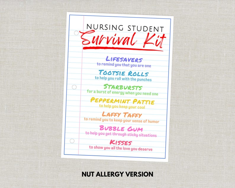 May include: A printed sheet titled "NURSING STUDENT Survival Kit" with a blue border. The text includes a list of candies and their purposes, such as Lifesavers, Tootsie Rolls, and Starbursts. The bottom reads "NUT ALLERGY VERSION."