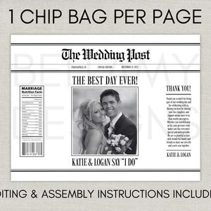 May include: A wedding-themed chip bag design in black and white, resembling a newspaper front page. It features the headline "The Best Day Ever!" and a photo of a couple. Text includes "Katie & Logan Say 'I Do'" and a thank you message.