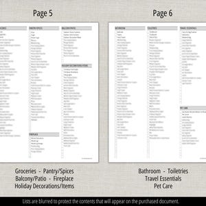 May include: Two-page spread of a printable checklist with categories like Groceries, Pantry/Spices, Bathroom, and Travel Essentials. The lists are blurred to protect the contents. The pages are labeled Page 5 and Page 6.