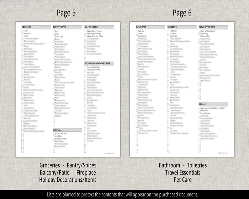 May include: Two-page spread of a printable checklist with categories like Groceries, Pantry/Spices, Bathroom, and Travel Essentials. The lists are blurred to protect the contents. The pages are labeled Page 5 and Page 6.