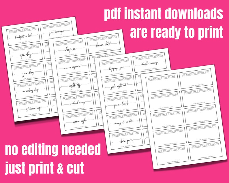 Mother's Day Coupons Printable Cards DIY Coupon Book | Etsy