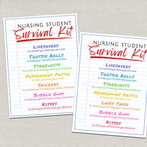 May include: Two printed sheets with the text "NURSING STUDENT Survival Kit" in red script. The kit includes a list of candies with encouraging messages, such as Lifesavers, Tootsie Rolls, and Starbursts, on a lined paper background.
