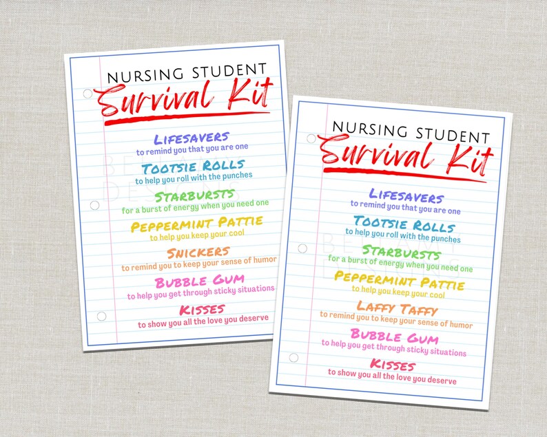 May include: Two printed sheets with the text "NURSING STUDENT Survival Kit" in red script. The kit includes a list of candies with encouraging messages, such as Lifesavers, Tootsie Rolls, and Starbursts, on a lined paper background.