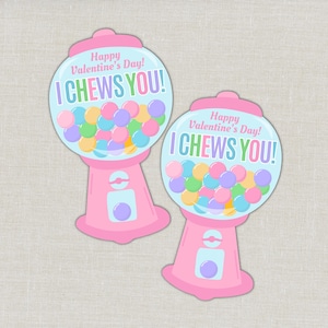 May include: Two pink gumball machine-shaped cards featuring the text Happy Valentine's Day! I CHEWS YOU! and a clear globe filled with colorful round gumballs in shades of pink, blue, yellow, green, and purple on a light background.