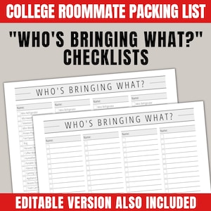 Who&#39;s Bringing What? Checklists, College Roommate Packing List, Who Brings What for the Dorm Room, Roommate Dorm Room Packing List Checklist