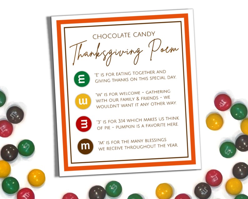 M&amp;M Thanksgiving Poem Tag Friendsgiving Treat Card Printable - Etsy