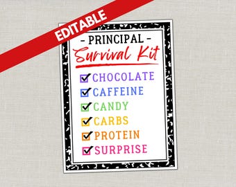 Principal Survival Kit Gift Tag Appreciation Care Package Treat Bag Goodie Bag School Staff Recognition Vice Assistant Composition Notebook