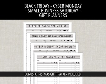 May include: A set of printable shopping list planners featuring Black Friday, Cyber Monday, and Small Business Saturday templates, plus a Christmas gift tracker. Each page includes columns for item, quantity, store, cost, and delivery status checkboxes.